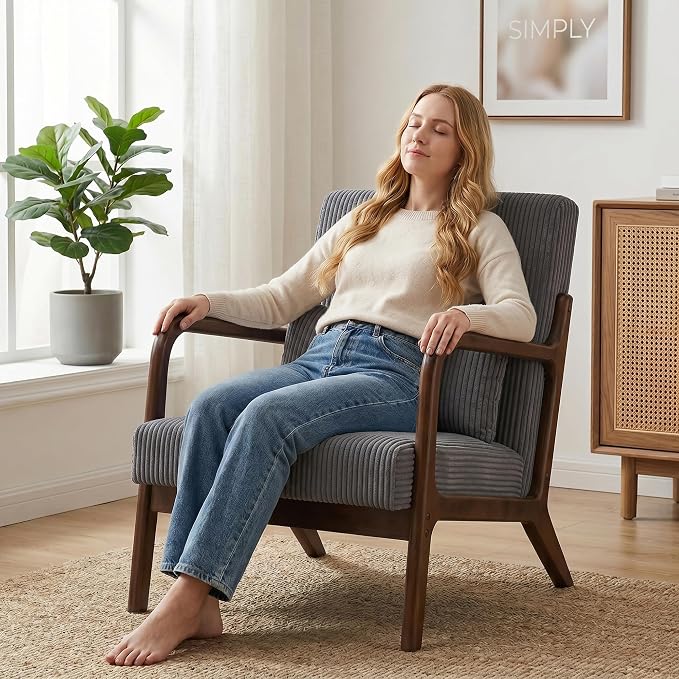 Mid Century Modern Accent Chair, Upholstered Corduroy Armchair with Lumbar Pillow, Solid Rubberwood Frame for Living Room, Bedroom, Waiting Room,Dark Grey