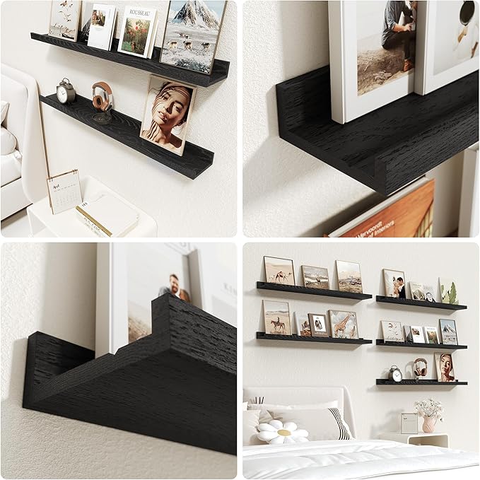 Vivelove Floating Shelves Wall Mounted Set of 2, Modern Black Wall Shelves for Storage with Lip, Display Picture Ledge Shelf for Bedroom Kitchen Bathroom Living Room Nursery Display