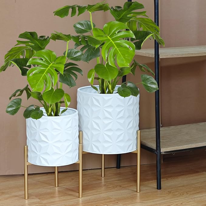 ARNIS Plant Pots with Stand, Set of 2 Indoor Planter Pots, Large Metal Planters with Stand, Mid Century Decorative Flower Pots with Drainage Hole and Gold Plant Stand, 8.25" & 10.5",Matte White