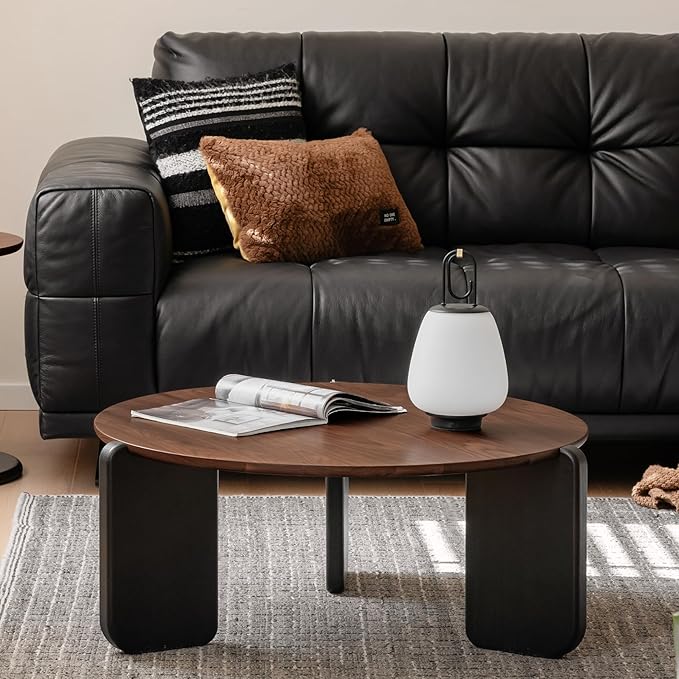 YESWOOD Round Coffee Table, Solid Walnut Wood Top Coffee Table with Oak Legs, Mid Century Morden Living Rooom Table, Small Coffee Table for Bedroom Balcony Living Room (31.34" D x 13.31" H)