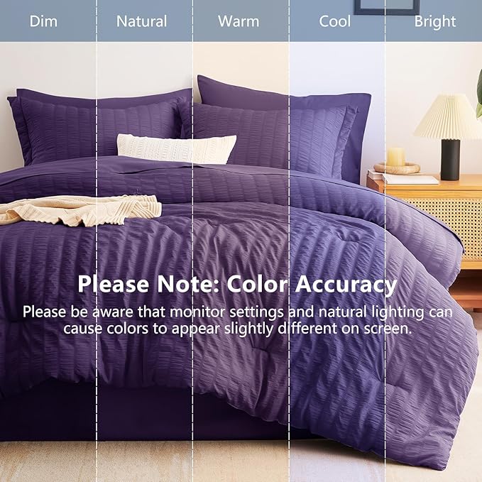 CozyLux King Size Comforter Set Purple, 7 Pieces Seersucker Textured Luxury Bed in a Bag, All Seasons Soft Bedding Sets with Down Alternative Comforter, Sheets, Pillowcases & Shams, Home Gift