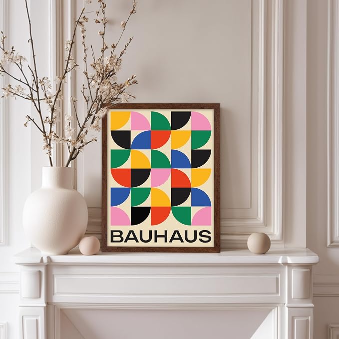 Poster Master Bauhaus Poster - Triangles Print - Geometric ART - Abstract ART - Graphic Design Style - Chic Boho - Mid Century Modern - Living Room or Bedroom Decor - 11x14 Brown Framed