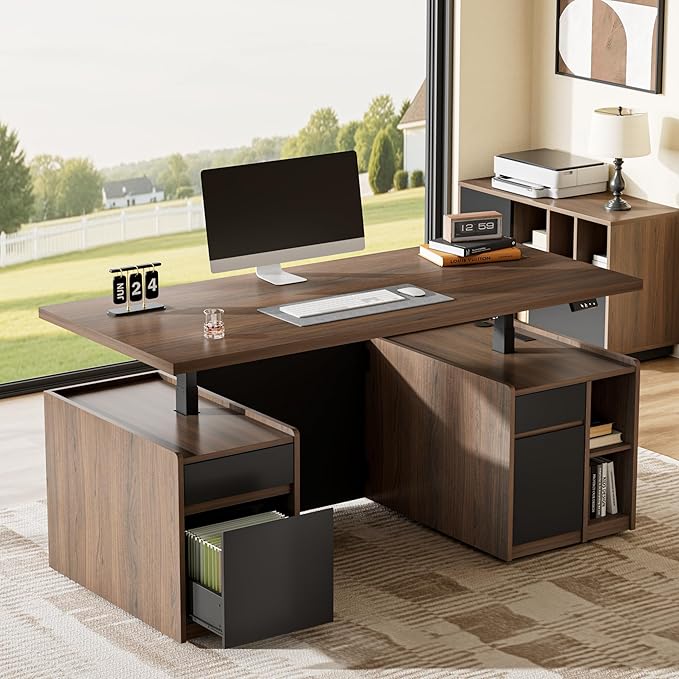 ModernMate Executive Standing Desk with Drawers & Storage, 70.8'' Adjustable Electric Stand Up Wood Desk with Privacy Panel, AC/USB, File Cabinet, Large One-Piece Desktop for Home Office, Black Walnut