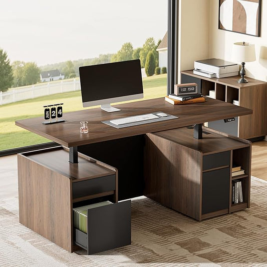 ModernMate Executive Standing Desk with Drawers & Storage, 70.8'' Adjustable Electric Stand Up Wood Desk with Privacy Panel, AC/USB, File Cabinet, Large One-Piece Desktop for Home Office, Black Walnut