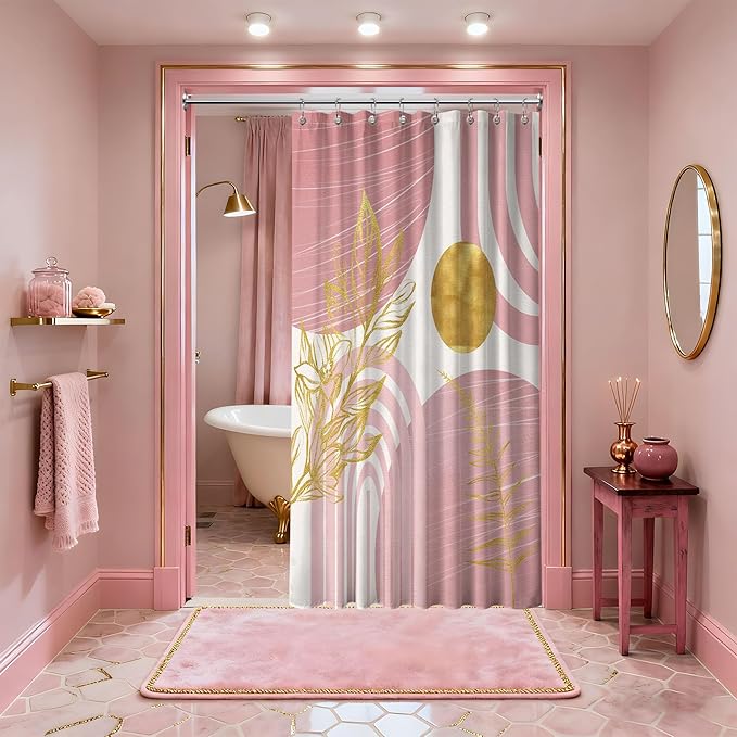 Blush Pink and Gold Shower Curtain Boho Mid Century Light Pink and White Shower Curtains for Bathroom Decor, Waterproof Cloth Fabric with Hooks, 48" W x 72" L