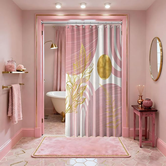 Blush Pink and Gold Shower Curtain Boho Mid Century Light Pink and White Shower Curtains for Bathroom Decor, Waterproof Cloth Fabric with Hooks, 48" W x 72" L