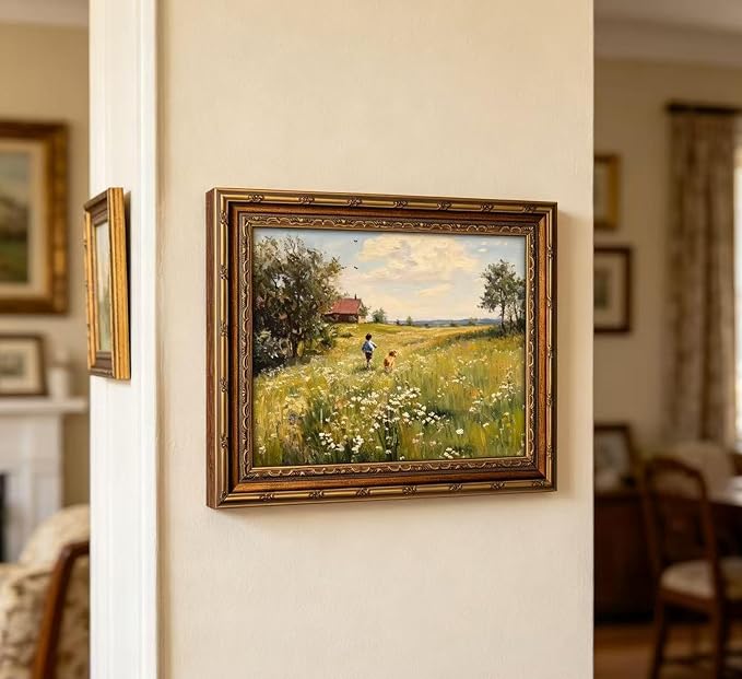 Vintage Gold Framed Wall Art Dog and Boy Landscape Painting Canvas Prints Retro Country Farmhouse Prints Artwork Rustic Wildflower Meadow Wall Decor for Kids Bedroom Living Room Decor12x16in