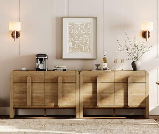 WAMPAT 94.4" W Buffet Cabinet with 12 Drawers, Modern Sideboard Buffet Cabinet with Storage, Buffet Table Coffee Bar Wine Bar Storage Cabinet for Dining Room, Living Room, Hallway, Light Walnut