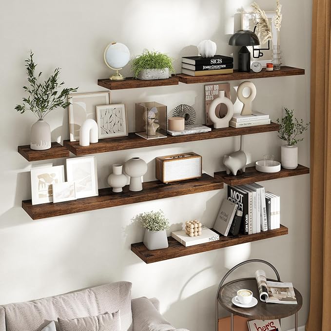 40 Inch Floating Shelves for Wall Set of 2, 8"D Wood Grain Bathroom Shelves with Invisible Brackets, Easy Install Engineered Wood Storage Shelves for Kitchen, Living Room, Bedroom, Rustic Brown Finish
