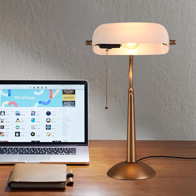 COSYLUX Tall Bankers Lamp, Vintage Sleek Glass Shade Table Lamp with Pull Switch, Antique Bronze Metal Bankers Desk Lamp for Office, Study Room, End Table, Bedside (White)