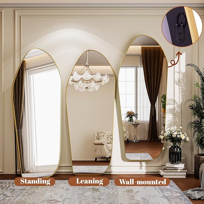 Full Length Mirror - 67"x24" Irregular Diamond Shaped Floor Mirror Aluminum Frame Floor Mirror Full Length for Bedroom Living Room Cloakroom Decor Gold