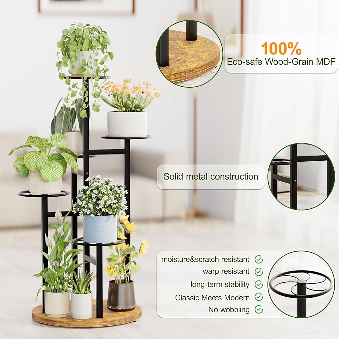 5 Tier Plant Stand Indoor Outdoor,Tiered Plant Stands,Wood Plant Shelf for Multiple Plants, Wrought Iron Flower Stand, Tall Plant Rack Shelf for House Patio Garden - BlackKite