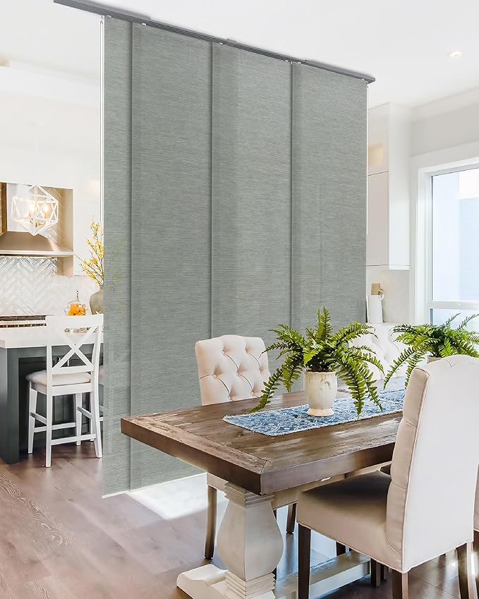 GoDear Design Adjustable Sliding Closet Door Blinds 45.8"- 86" W x 96" H, Extendable Panel Track Vertical Blinds for Sliding Doors, Shimmering Trimmable Fabric Panel Curtains, Semi-Sheer, Moonstone