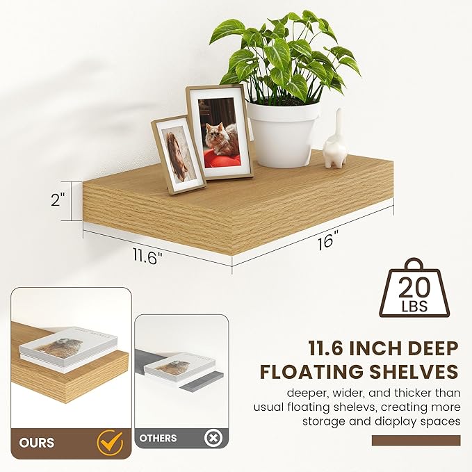 12 Inch Deep Floating Shelves | 16 Inch Oak Floating Shelves Set of 2 | 16W x 12D Rustic Shelves for Wall | Deep Wood Shelves for Living Room Bathroom Kitchen Bedroom