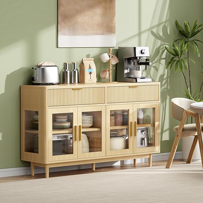 IRONCK 59'' Sideboard Buffet Cabinet with Drawers, Modern Kitchen Storage Cabinet with Adjustable Shelves and Tempered Glass Doors, Wood Coffee Bar for Kitchen, Living Room, Oak