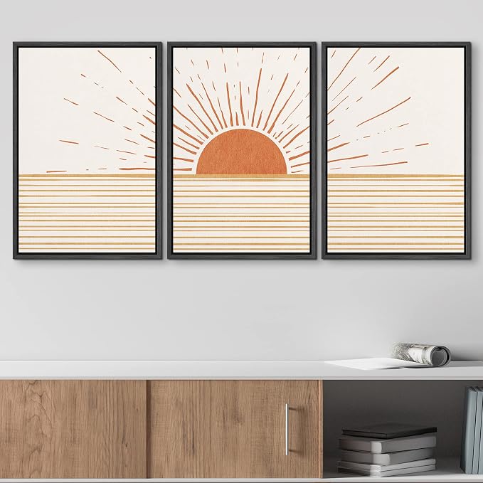 wall26 Framed Canvas Print Wall Art Set Mid-Century Ocean Sunset Sun Horizon Nature Abstract Illustrations Modern Art Bohemian Decorative for Living Room, Bedroom, Office - 24"x36"x3 Black