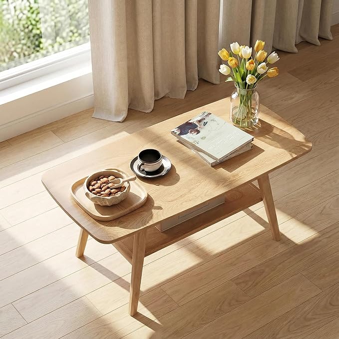 Mid Century Modern Coffee Table: 100% Solid Wood Coffee Table - 2-Tier Storage Design - Space Saving Small Coffee Tables for Living Room, Apartment (Natural, 31.49")
