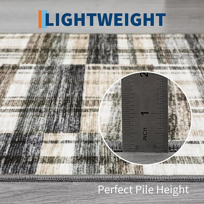 Washable Runner Rug 2x6 Runner Moder Plaid Tartan Non Slip Kitchen Rugs Low Pile Entryway Rug Soft Bathroom Rugs Stain Resistant Carpet for Hallway Laundry 2'x6' Blue&Beige
