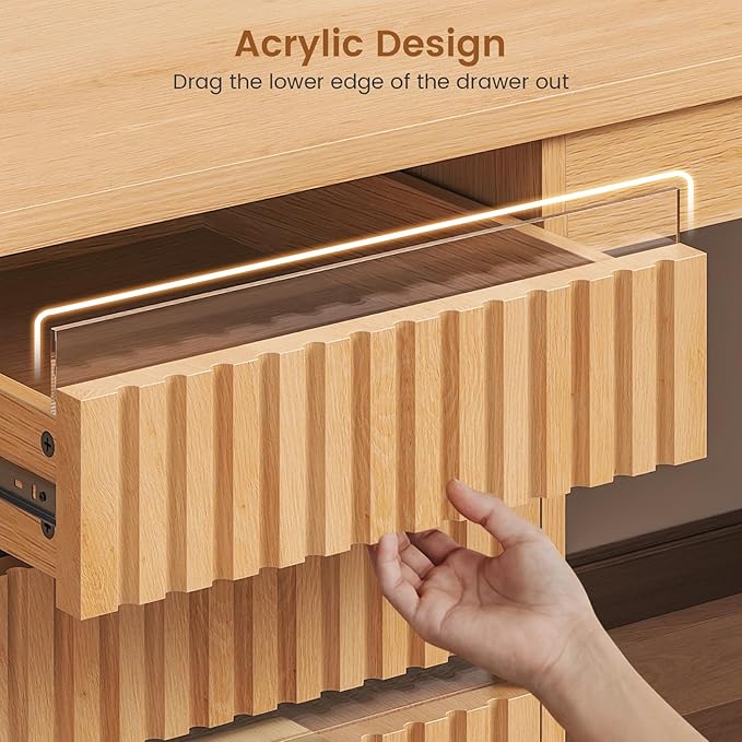 SEDETA 55.1" Fluted Office Desk with 6 Drawers, Modern Executive Desk with Acrylic File Drawers, Computer Desk with Power outlets for Home Office and Study, Natural