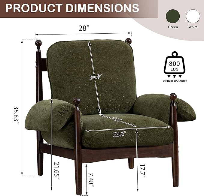 AQO Mid Century Modern Accent Chair with Arms, Upholstered Spindle Chair with Wood Frame, High-Resilience Sponge Cushion for Living Room Bedroom Office
