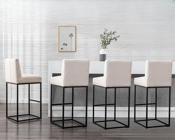 Counter Height Bar Stools Set of 4, Modern Metal Barstools 31 inch Seat Height Island Stools Linen Upholstered Farmhouse Bar Chairs with Back and Metal Legs, Beige