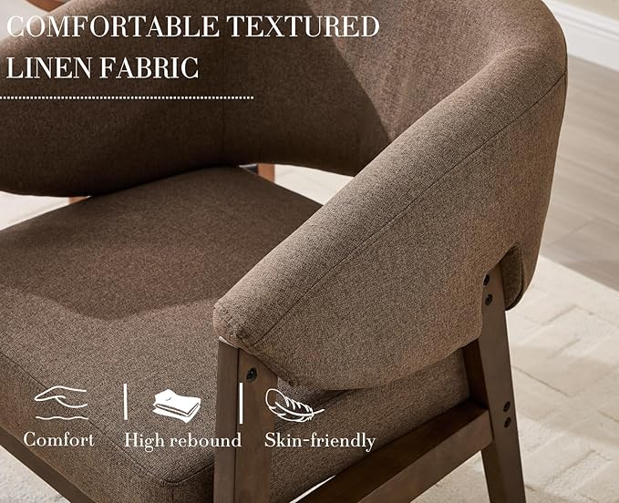 CIMOTA Mid-Century Modern Accent Chair, Comfy Barrel Armchair with Wide Seat, Upholstered Lounge Chair with Walnut Wood Legs for Living Room/Bedroom/Reading Corner, Linen Fabric, Brown, 1PC
