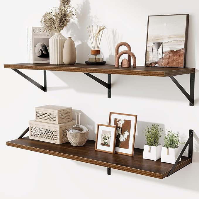 Walnut Deep Floating Shelves for Wall,36" Wx10 D Wood Wall Shelves with Metal Brackets,Hanging Storage Floating Shelf for Living Room,Bedroom,Bathroom,Office,Kitchen