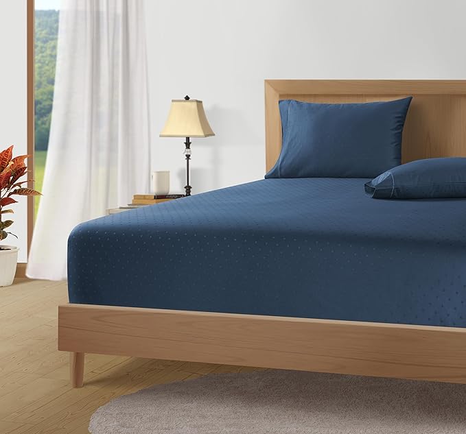 LANE LINEN 100% Egyptian Cotton Full Size Bed Sheets, Long Staple Mercerized Cotton Bedding Sheets, Thick 16 inch Deep Pocket Full Sheet Set, Reinforced French Seams Jaquard Swiss Dot -Estate Blue