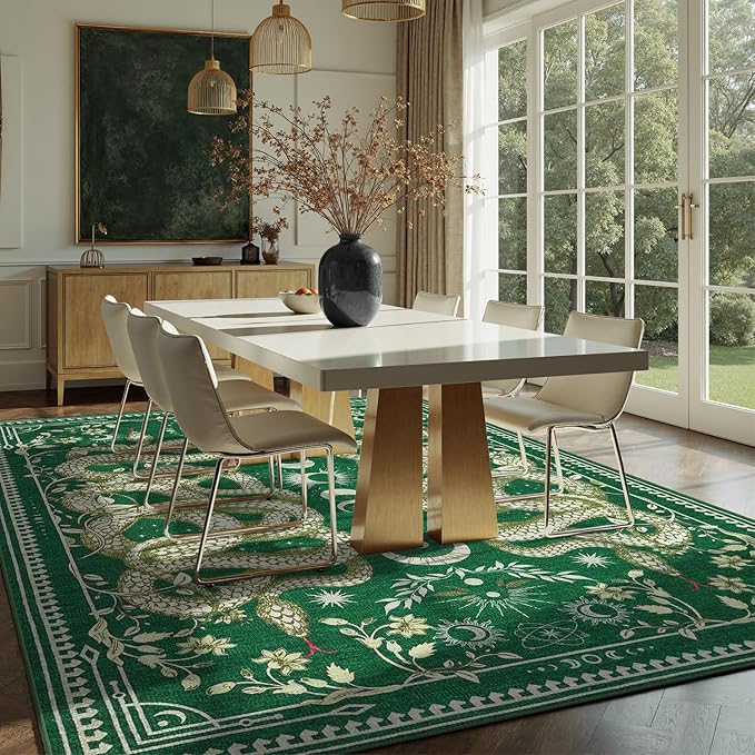 DCX Washable 8x10 Snake Rug, Green Gothic Rug for Living Room, Soft Low Pile Carpet, Kid & Pet Friendly with Rubber Back Non Slip, Stain Resistant Rug for Bedroom Dining Room Office