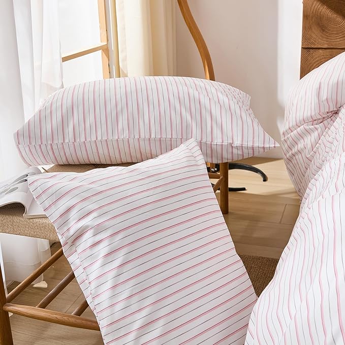 Merryword 100% Cotton Duvet Cover Set Queen Size - White & Pink Stripes Duvet Cover with Pillowcases, Soft Breathable Bedding Set Modern Minimalist Pinstripe Comforter Cover for All Seasons