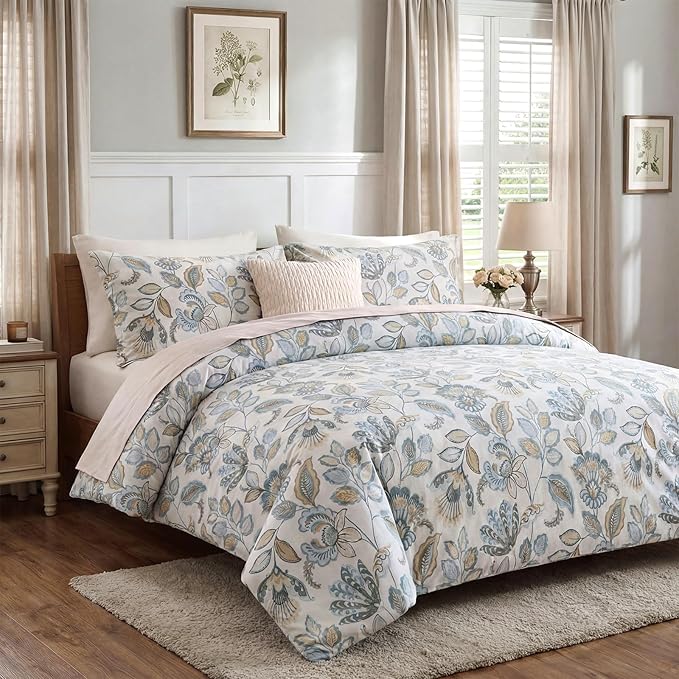 Blue Floral Duvet Cover Queen Size 100% Cotton Botanical Coquette Comforter Cover 3 Pieces Soft & Breathable French Style Duvet Cover with Zipper Closure