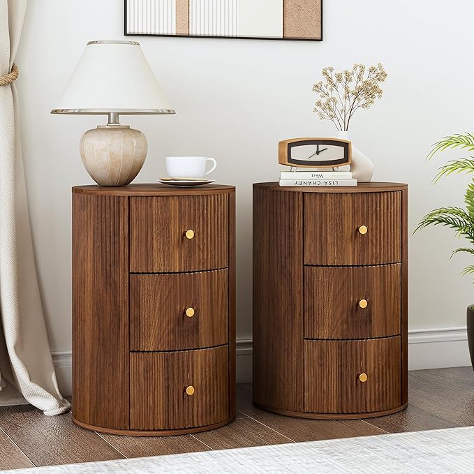 Fully Assembled Round End Table with 3 Storage Drawers, 15.75”Mid Century Side Table for Living Room, 3 Drawers Nightstand for Bedroom, Circle Sofa Bedside Table (Walnut-1 pc)