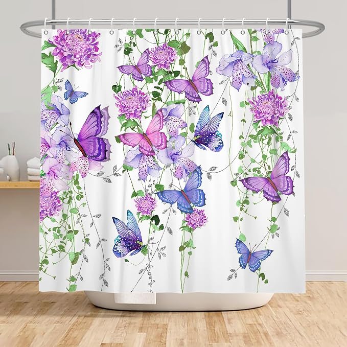 Violet Butterfly Floral Shower Curtain Spring Lavender Shower Curtain Lilac Pink Floral Bathroom Decor Waterproof Polyester Fabric with 12 Hooks,72x72 Inches