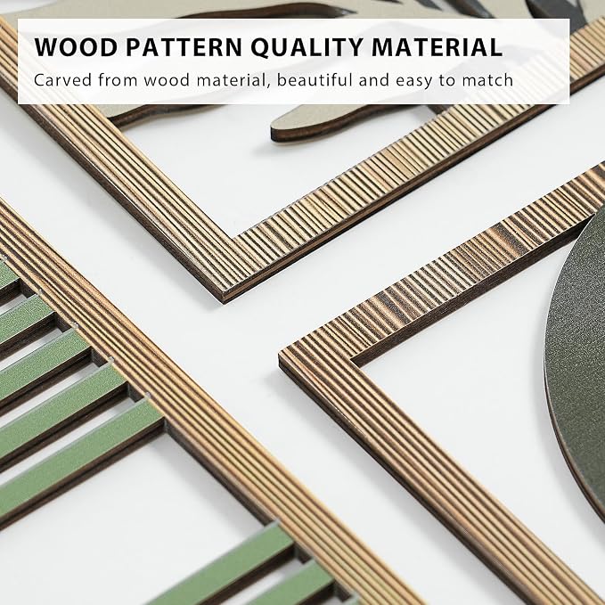 VIYYIEA Boho Solid Wood Carved Wall Art Set of 3, Geometric Minimalist Wooden Home Decor Panels, Handcrafted Solid Wood Wall Hanging for Living Room Bedroom Hallway, 16 x 8 Inch Each (Boho Green)