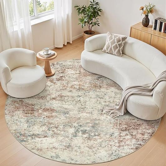 WITSHOCK 8ft Round Area Rug for Living Room: 8x8 Washable Neutral Modern Abstract Soft Thin Rug Indoor Floor No Slip Rug Carpet for Bedroom Under Dining Table Home Office Decor (Rust Color)