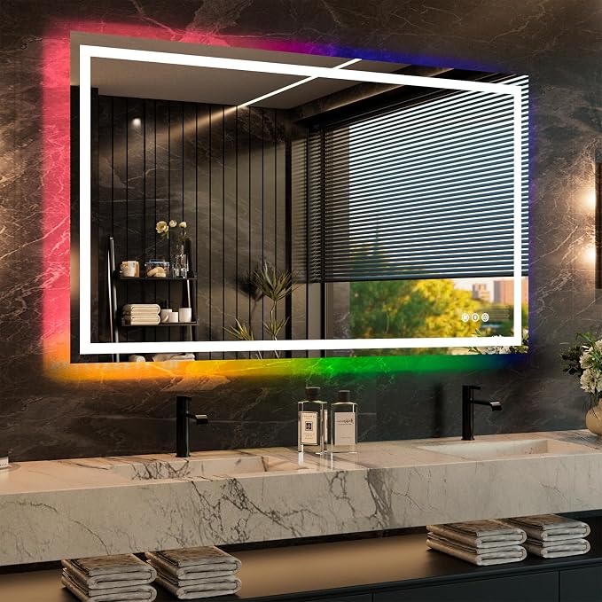 WTTY LED Bathroom Mirror 60"x36" with RGB Backlit and Front Light,Stepless Dimmable LED Mirror for Bathroom,Lighted Bathroom Vanity Mirror,Anti-Fog,Memory Function,Shatter-Proof,Wall Mounted
