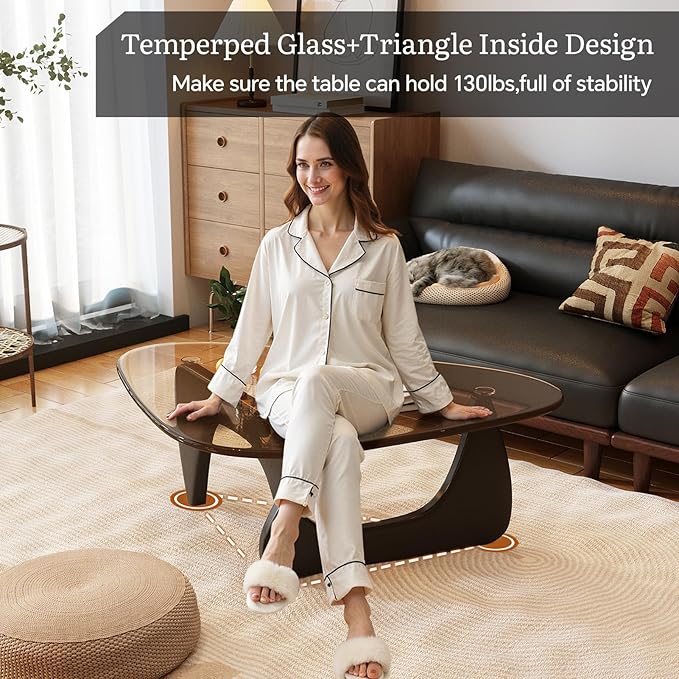 CAJCA Coffee Table for Living Room Mid Century Modern Center Table with Glass Top and Wood, Brown/Walnut