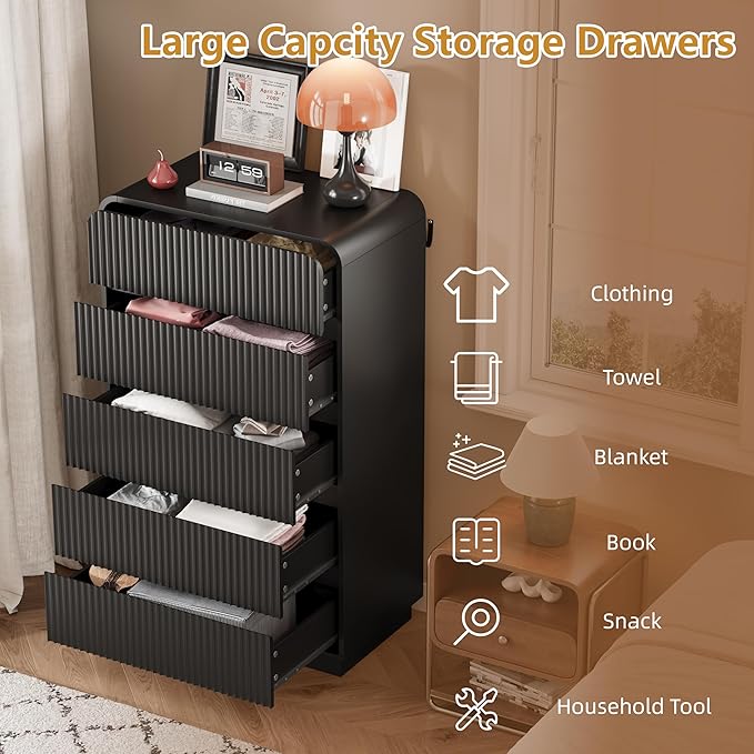 Black Dresser Fluted Tall 5 Drawer Dresser for Bedroom, Wood Chest of Drawers with Hidden Handles & Rounded Corners, Modern Storage Cabinet and Organizer Drawers for Living Room, Hallway