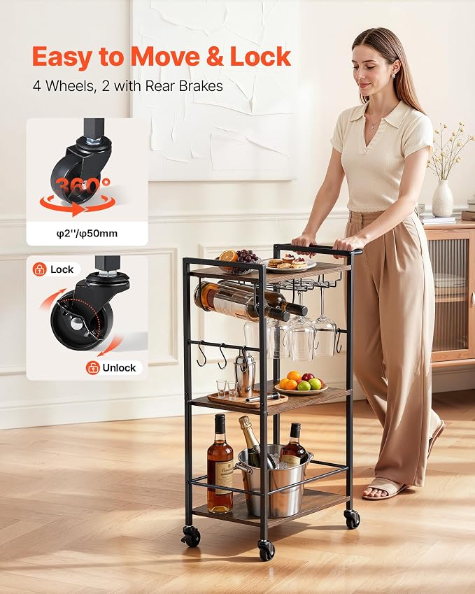 VEVOR Bar Cart, 3 Tiers Home Kitchen Serving Carts, Industrial Rolling Utility Station on Wheel, Mobile Drink Beverage Shelf with Wine Rack & Glass Holder, 20.08x11.02x33.07 in, Rustic Brown and Black
