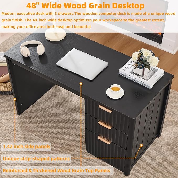 48" Modern Fluted Executive Desk with Storage Cabinet, Large Wood Home Office Desk with Golden Handles & File Drawer, Black Computer Writing Table for Office,Study, Living Room, Bedroom