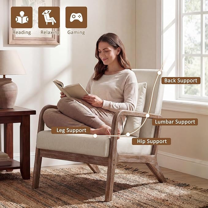 Mid Century Accent Chair with Solid Oak Frame, Upholstered Lumbar Pillow Lounge Chair Beige Linen Fabric Cozy Leisure Chair Relaxing Retro Living Room Chair for Bedroom Waiting Room
