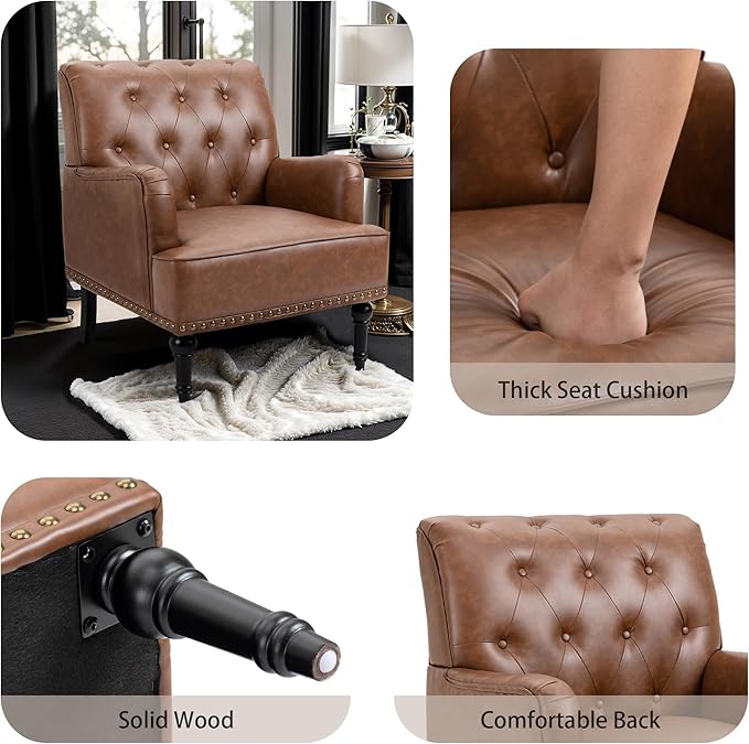 MOJAY Faux Leather Accent Chair, Mid-Century Armchair Living Room Sofa Chair with Rubber Wood Leg, Club Chair with Rivet Trim for Bedroom Reading Room Reception (Brown)
