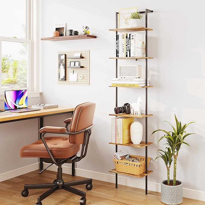 6-Tier Ladder Shelf, 77 Inches Wall Mounted Ladder Bookshelf with Metal Frame, Wood Tall Open Storage Rack and Display Shelves for Home Office Bedroom Living Room, Rustic Brown