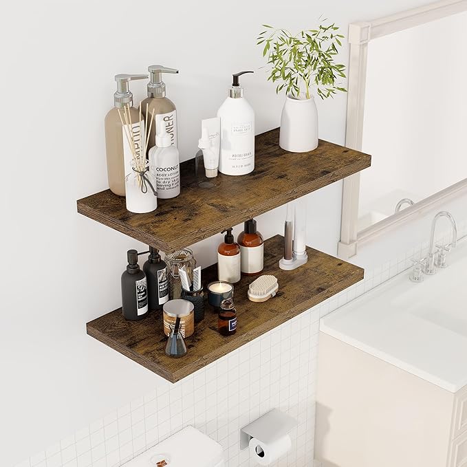Dreamland 30" Floating Shelves for Wall, 12" Deep Slim Rustic Brown Floating Shelves, Wall-Mounted Shelves for Bedroom, Living Room, Kitchen, Bathroom - Set of 2
