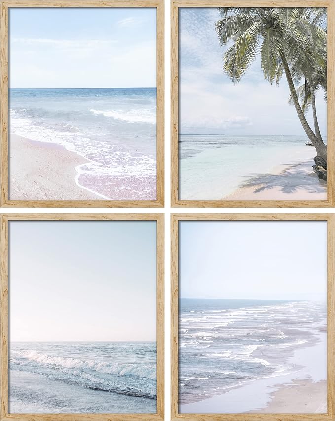 SIGNWIN Framed White Pastel Tropical Island Ocean Beach Shore Wall Art, Set of 4 Landscape Colorful Wall Decor Prints, Nature Wilderness Wall Décor for Living Room, Bedroom - 12"x16" Natural
