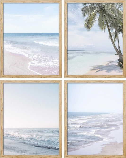 SIGNWIN Framed White Pastel Tropical Island Ocean Beach Shore Wall Art, Set of 4 Landscape Colorful Wall Decor Prints, Nature Wilderness Wall Décor for Living Room, Bedroom - 12"x16" Natural