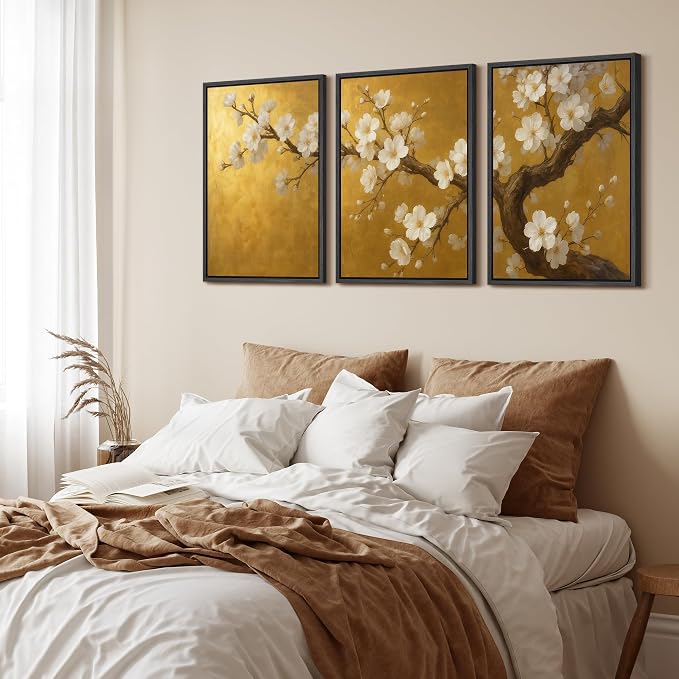 wall26 Framed Canvas Print Wall Art Set Golden Cherry Blossom Tree Elegant Floral Illustrations Fine Art Decorative Rustic for Living Room, Bedroom, Office - 24"x36"x3 Black