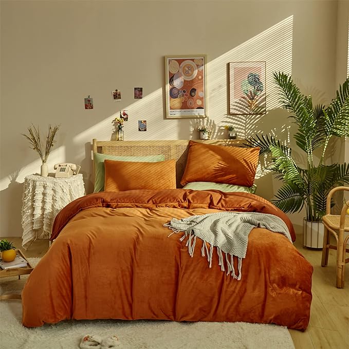 Pureant Burnt Orange Fluffy Comforter Set Queen Rust Velvet Bedding Comforter Sets for Women Girls Solid Terracotta Flannel Blankets Plain Rust Caramel Queen Size Comforter Modern Reddish Brown Bed