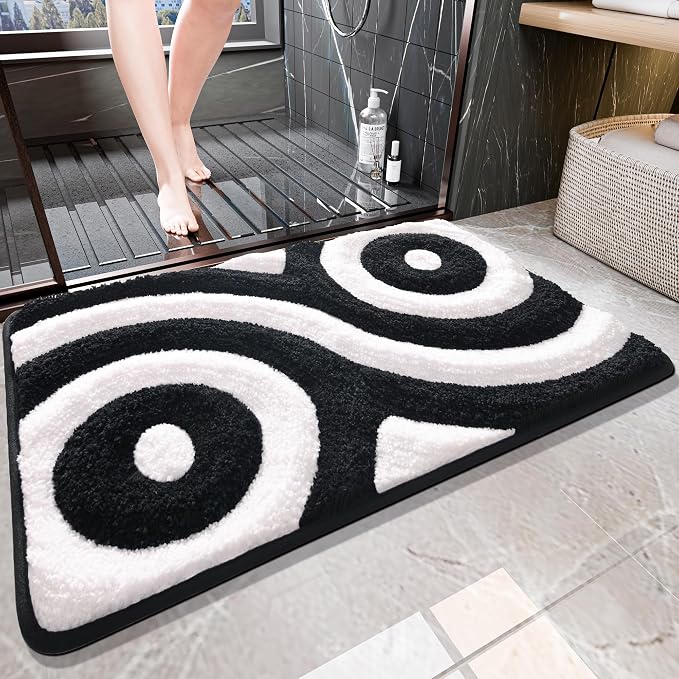 QJHOMO Black and White Cute Bathroom Rugs Non Slip Bath Mat Modern Aesthetic Bathroom Decor, Geometric Striped Bath Rug Fluffy Floor Mats, Thick Microfiber Carpet Machine Washable (18x26 inch)