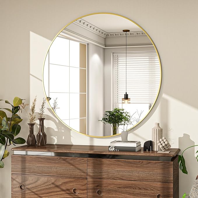 Round Mirror Wall Mounted Mirror - 30" Circle Mirror Bathroom Vanity Mirror with Aluminum Frame for Bedroom Living Room, Entryway Decor Gold Mirror